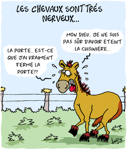 Cartoon: Tres Nerveux (medium) by Karsten Schley tagged chevaux,nervosite,animaux,nature,psychisme,chevaux,nervosite,animaux,nature,psychisme