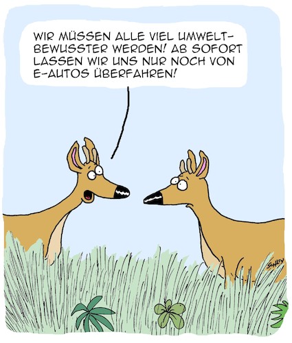 Cartoon: Umweltbewusstsein (medium) by Karsten Schley tagged umwelt,verantwortung,klimawandel,natur,elektroautos,tiere,umwelt,verantwortung,klimawandel,natur,elektroautos,tiere