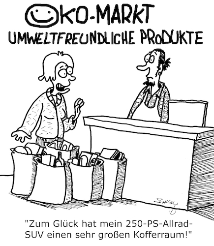 Cartoon: Umweltfreundlich (medium) by Karsten Schley tagged umwelt,wirtschaft,umweltschutz,ökologie,verbraucherverhalten,fahrzeuge,suv,mobilität,politik,konsum,gesellschaft,umwelt,wirtschaft,umweltschutz,ökologie,verbraucherverhalten,fahrzeuge,suv,mobilität,politik,konsum,gesellschaft