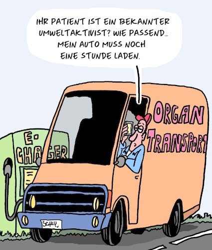 Cartoon: Umweltschutz (medium) by Karsten Schley tagged elektroautos,umweltschutz,umweltaktivisten,ladezeiten,transplantationen,gesundheit,organspende,transport,ladeinfrastruktur,technik,gesellschaft,politik,elektroautos,umweltschutz,umweltaktivisten,ladezeiten,transplantationen,gesundheit,organspende,transport,ladeinfrastruktur,technik,gesellschaft,politik