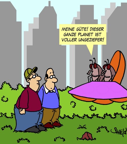 Cartoon: Ungeziefer (medium) by Karsten Schley tagged raumfahrt,tiere,insekten,ausserirdische,aliens,technik,menschen,gesellschaft,raumfahrt,tiere,insekten,ausserirdische,aliens,technik,menschen,gesellschaft