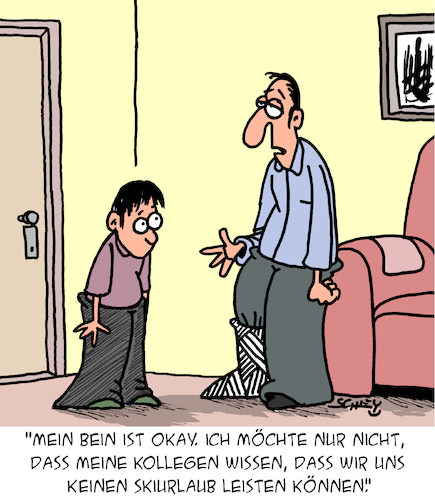 Cartoon: Urlaub (medium) by Karsten Schley tagged urlaub,einkommen,winter,wintersport,gesundheit,familie,jobs,statussymbole,gesellschaft,urlaub,einkommen,winter,wintersport,gesundheit,familie,jobs,statussymbole,gesellschaft