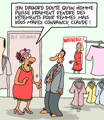 Cartoon: Vendeurs (medium) by Karsten Schley tagged vendeurs,ventes,mode,vetements,femmes,hommes,travail,employeurs,employes,vendeurs,ventes,mode,vetements,femmes,hommes,travail,employeurs,employes