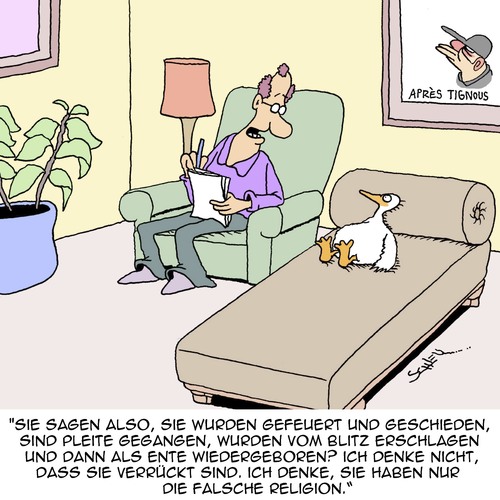 Cartoon: VERRÜCKT oder was??! (medium) by Karsten Schley tagged religion,glaube,tiere,enten,wiedergeburt,esoterik,sekten,religion,glaube,tiere,enten,wiedergeburt,esoterik,sekten