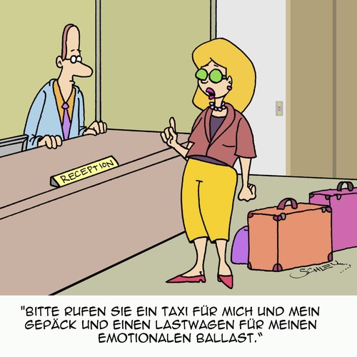 Cartoon: Viel zu schleppen... (medium) by Karsten Schley tagged frauen,emotionen,gefühle,stimmungen,psyche,psychologie,reisen,hotels,frauen,emotionen,gefühle,stimmungen,psyche,psychologie,reisen,hotels