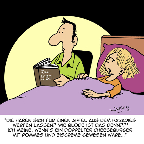 Cartoon: Voll blöde!! (medium) by Karsten Schley tagged kinder,familie,vorlesen,bibel,religion,christentum,paradies,gott,adam,und,eva,kinder,familie,vorlesen,bibel,religion,christentum,paradies,gott,adam,und,eva