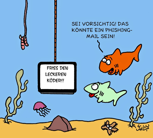 Cartoon: Vorsicht (medium) by Karsten Schley tagged computer,technik,kriminalität,phishing,mails,hacker,wirtschaftsspionage,sicherheit,virus,spionage,computer,technik,kriminalität,phishing,mails,hacker,wirtschaftsspionage