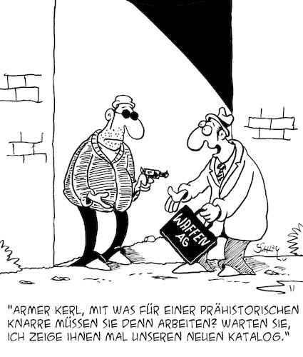 Cartoon: Waffenhändler (medium) by Karsten Schley tagged waffen,kriminalität,handel,wirtschaft,rüstung,business,verkäufer,marketing,werbung,kunden,gesellschaft,waffen,kriminalität,handel,wirtschaft,rüstung,business,verkäufer,marketing,werbung,kunden,gesellschaft