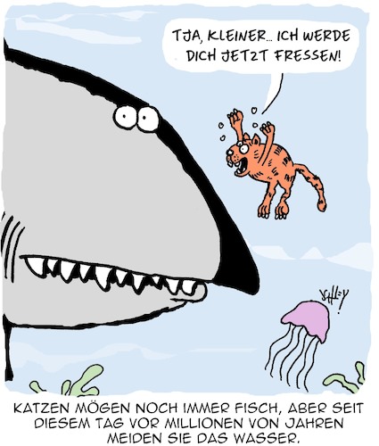 Cartoon: Warum Katzen wasserscheu sind (medium) by Karsten Schley tagged katzen,tiere,prähistorisches,wissenschaft,forschung,geschichte,evolution,fische,ernährung,nahrungskette,biologie,katzen,tiere,prähistorisches,wissenschaft,forschung,geschichte,evolution,fische,ernährung,nahrungskette,biologie