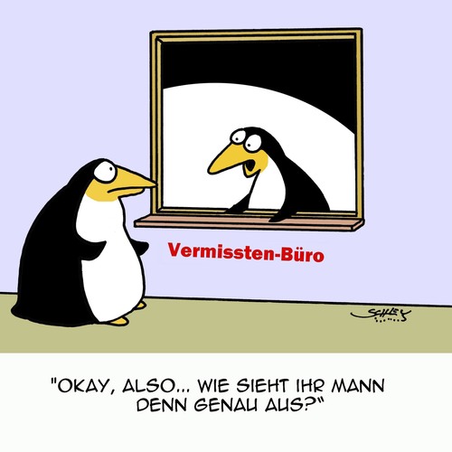 Cartoon: Weg issa! (medium) by Karsten Schley tagged vermisste,personen,kriminalität,familien,ehe,liebe,frauen,männer,tiere,nature,pinguine,beamte,vermisste,personen,kriminalität,familien,ehe,liebe,frauen,männer,tiere,nature,pinguine,beamte