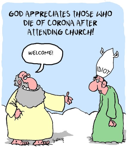 Cartoon: Welcome! (medium) by Karsten Schley tagged god,religion,christianity,belief,coronavirus,death,churches,social,issues,politics,god,religion,christianity,belief,coronavirus,death,churches,social,issues,politics