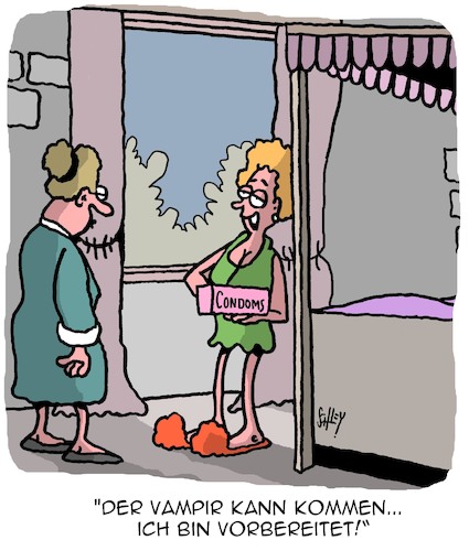 Cartoon: Wenn der Vampir kommt... (medium) by Karsten Schley tagged vampire,mythen,legenden,märchen,filme,literatur,medien,männer,frauen,verhütung,gesellschaft,vampire,mythen,legenden,märchen,filme,literatur,medien,sex,männer,frauen,verhütung,gesellschaft