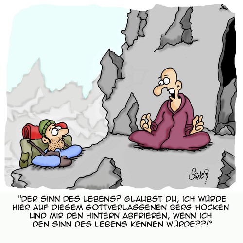 Cartoon: Wo ist der Sinn?? (medium) by Karsten Schley tagged spiritualität,spiritismus,religion,leben,lebenssinn,berge,natur,esoterik,spiritualität,spiritismus,religion,leben,lebenssinn,berge,natur,esoterik