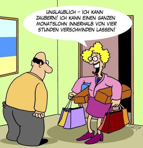 Cartoon: Zauberhaft (medium) by Karsten Schley tagged frauen,männer,shopping,geld,einkommen,einkaufen,schnäppchen,wirtschaft,business,männer,frauen,shopping,geld,einkommen,einkaufen,schnäppchen,wirtschaft