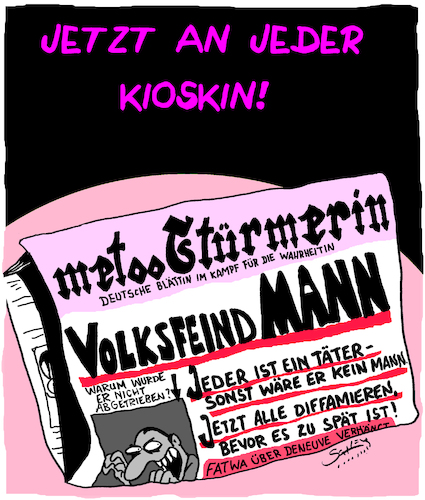 Cartoon: Zeitung (medium) by Karsten Schley tagged metoo,hetzjagd,frauen,männer,übergriffe,diffamierungen,gesellschaft,medien,metoo,hetzjagd,frauen,männer,sex,übergriffe,diffamierungen,gesellschaft,medien