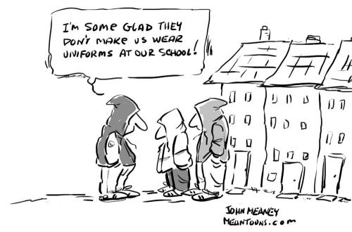 Cartoon: School Uniforms (medium) by John Meaney tagged school,uniform,dress,gang,hoodie