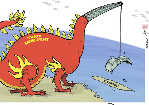 Cartoon: China-Taiwan pact (medium) by rodrigo tagged china,taiwan,trade,agreement,pact,control,democracy,freedom