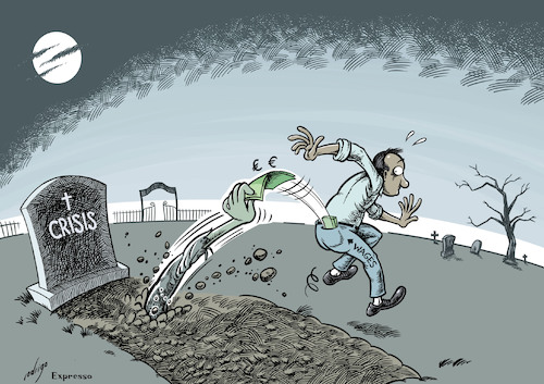 Cartoon: Crizombie (medium) by rodrigo tagged crisis,debt,workers,wages,economy,salary,zombie,recession,recovery
