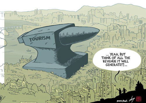 Cartoon: Crushing tourism (medium) by rodrigo tagged tourism,travel,economy,environment,pollution,population,society,people,money