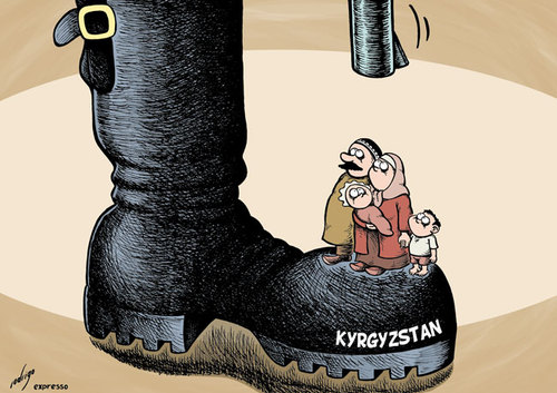 Cartoon: Ethnic violence in Kyrgystan (medium) by rodrigo tagged ethnic,violence,kyrgystan,russia,un,united,nations,riot,uzbek,kyrgyz