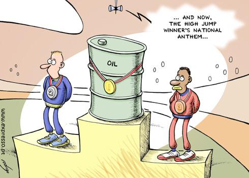 Cartoon: High jump (medium) by rodrigo tagged oil,price,fuel,export,economy,olympic,games,beijing,2008,medals,athletics,high,jump