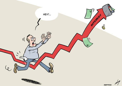 Cartoon: Interest rate raise (medium) by rodrigo tagged interest,rate,raise,income,purchasing,power,people