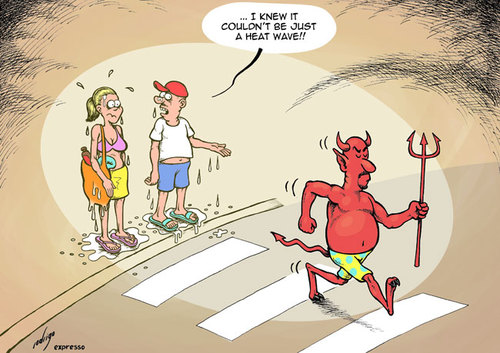 Cartoon: Is it too hot here? (medium) by rodrigo tagged heat,wave,economic,crisis,hell,devil,demon,recession