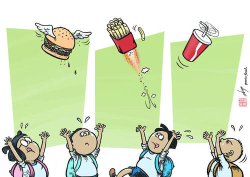 Cartoon: Junk the junk food (medium) by rodrigo tagged children,junk,food,habits,nutrients,nutrition,diet,obesity,kids,education,behaviour,society,economy,fast,bread,sugar,fat,health,family,parents