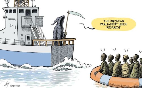 Cartoon: Mediterrorean (medium) by rodrigo tagged mediterranean,immigration,poverty,inequality,africa,europe,eu,economy,society,death,grim,reaper