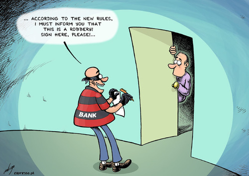 Cartoon: New banking rules (medium) by rodrigo tagged banking,credit,payment,rule,bank,fee,information,thief,client