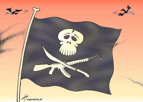 Cartoon: New flag for Guinea-Bissau (medium) by rodrigo tagged africa,murder,nino,vieira,president,violence,drugs,weapons,guns,guinea,bissau