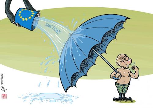 Cartoon: Not a scratch (medium) by rodrigo tagged eu,russia,putin,war,military,citizens,conflict,ukraine,sanctions,europeanunion,brussels,moscow,kiev,international,politics,europe,economy