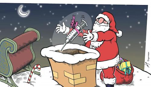 Cartoon: Pharma Claus (medium) by rodrigo tagged covid19,coronavirus,pandemic,vaccine,health,big,pharma,christmas,santa,claus,oxford,astrazeneca,pfizer,biontech,moderna,economy,international,politics,society,lockdown,science,medicine,technology