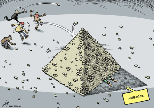 Cartoon: Revolutionary pyramid in Egypt (medium) by rodrigo tagged egypt,cairo,protest,rally,mohamed,elbaradei,hosni,mubarak,giza,clash,violence,pyramid,revolution