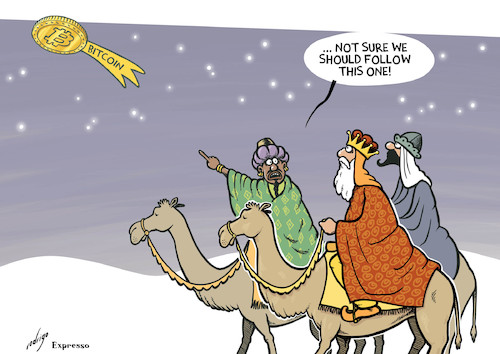 Cartoon: Star of Bitcoin (medium) by rodrigo tagged bitcoin,economy,cryptocurrency,coin,currency,money,technology,payment,wisemen,betlehem,star,jesus,xmas,christmas