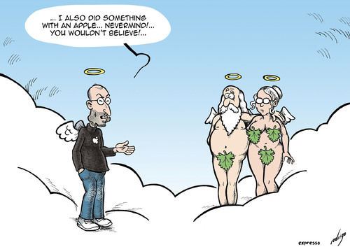 Cartoon: Steve Jobs dies (medium) by rodrigo tagged steve,jobs,apple,macintosh,ipod,ipad,iphone,imac,technology,icloud,death,adam,eve,heaven