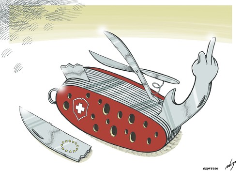 Cartoon: Swiss self-wound (medium) by rodrigo tagged switzerland,immigration,referendum,vote,european,union,eu