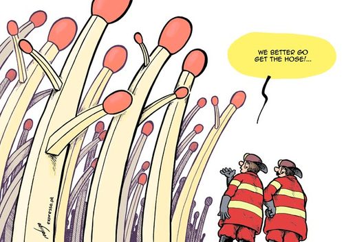 Cartoon: Wildfire season (medium) by rodrigo tagged wild,fire,summer,heat,forest,hose,firefighter,fireman,firemen