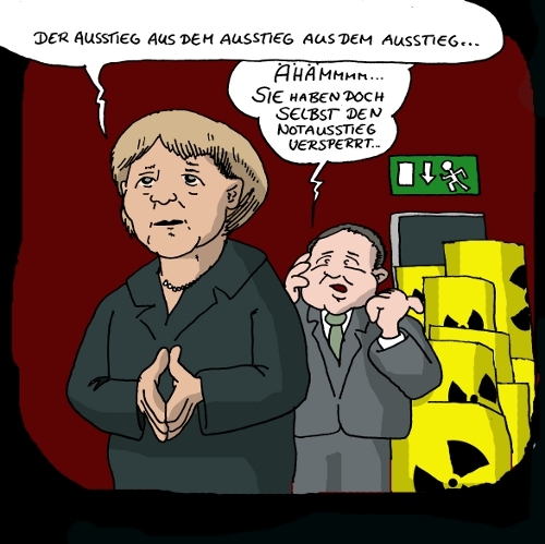 Cartoon: Merkels Notausstieg (medium) by Rainer Demattio tagged atom,atomenergie,atomkraftwerk,ausstieg,merkel,politik