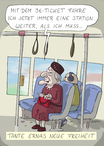 Cartoon: Neun Euro Ticket - Neue Freiheit (medium) by Rainer Demattio tagged neun,euro,ticket,bahn,fahren,umwelt,umweltschutz,verkehr,zug,mobilität,freiheit,alter,oma,neun,euro,ticket,bahn,fahren,umwelt,umweltschutz,verkehr,zug,mobilität,freiheit,alter,oma