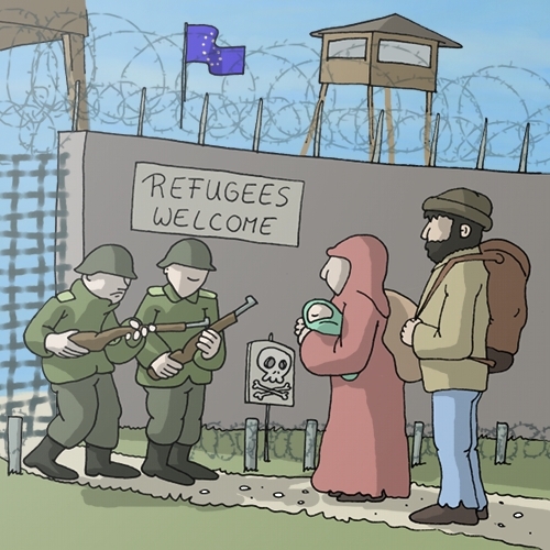 Cartoon: Refugees welcome... (medium) by Rainer Demattio tagged abschuss,europa,flüchtlinge,flucht,gewehr,grenze,mauer,politik,soldaten,tür,türe,willkommen,stacheldraht