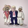 Cartoon: Trump and mexicans and muslims (small) by Rainer Demattio tagged amerika,falsch,fremdenfeindlichkeit,freunde,fuß,intoleranz,islam,mexikaner,mexiko,muslime,politik,politiker,präsident,religion,schuhe,sombrero,toleranz,trump,turban,usa