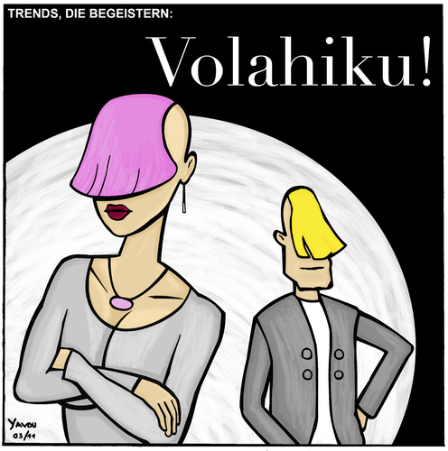 Cartoon: Trends (medium) by Yavou tagged weiss,models,schwarz,cartoon,vokuhila,haarschnitt,blond,pink,mode,style,haare,frau,mann,frisur,volahiku,yavou,trends,trends,frisur,style,mode,pink,haarschnitt,beauty,lifestyle,fashion