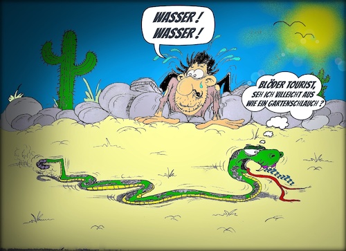 Cartoon: Wassermangel (medium) by Mittitom tagged klimawandel,wüste,sand,schlange,sonne,durst,wasser,wassermangel,natur,touristen