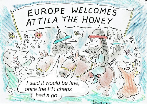 Cartoon: Europe welcomes Attila the Honey (medium) by SteveWeatherill tagged european,elections,public,relations