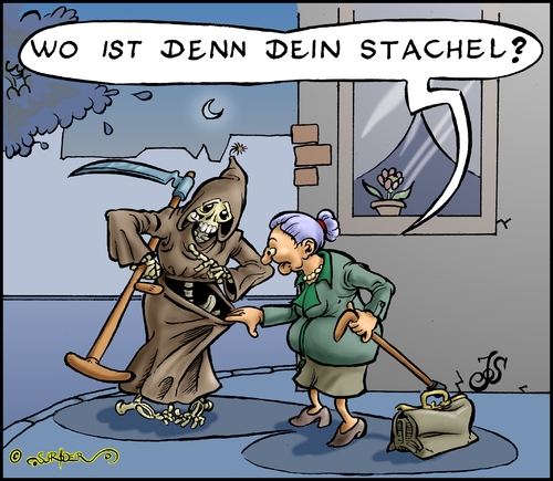 Cartoon: Der Stachel des Todes (medium) by KritzelJo tagged straße,sterben,alter,frau,frage,rhetorische,tod