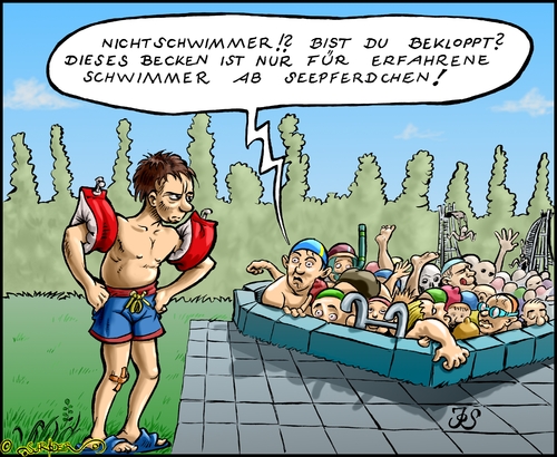 Cartoon: Neulich am Schwimmerbecken (medium) by KritzelJo tagged schwimmflügel,badekappen,schwimmer,nichtschwimmer,sommer,badeanstalt,schwimmbad