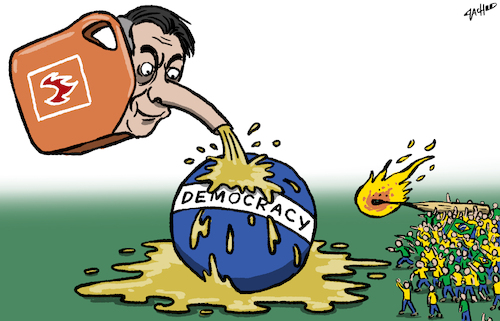Cartoon: On Fire (medium) by cartoonistzach tagged bolsonaro,brazil,democracy,riot,disinformation