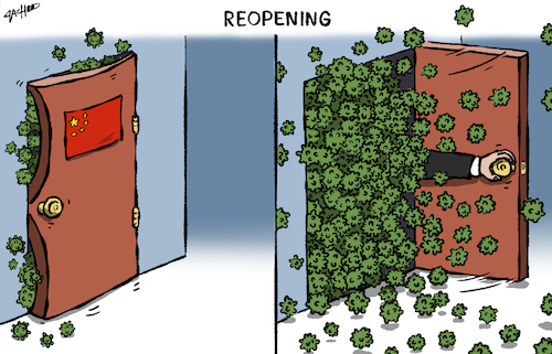 Cartoon: Reopening (medium) by cartoonistzach tagged china,covid,border,quarantine,health