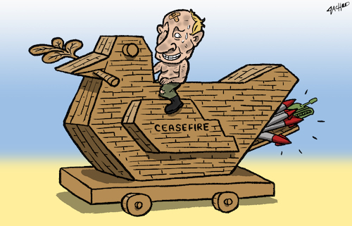 Cartoon: Trojan Dove (medium) by cartoonistzach tagged putin,russia,ukraine,war,trojan,horse,ceasefire,peace
